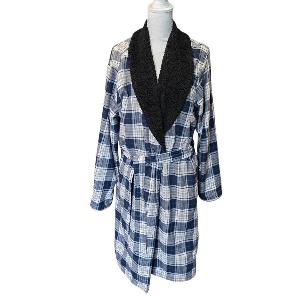 UGG Kalib Blue Plaid Plush Fleece Robe Men’s M L Belted - Picture 7 of 7